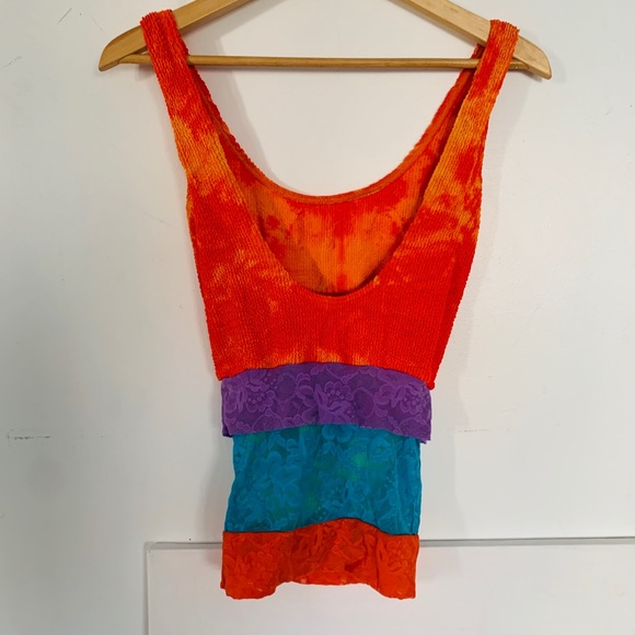 RARE! 1980's LIZA BRUCE Vintage Bathing Suit TIE-DYED LACE PULL DOWN SKIRT NEON - Picture 5 of 12